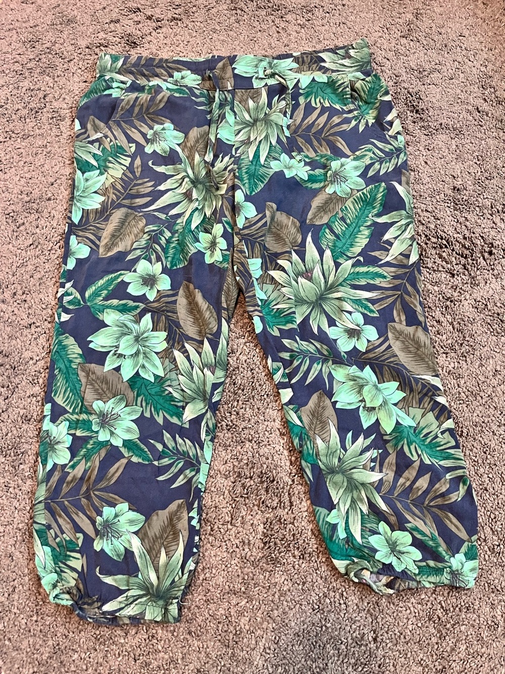 Tropical Print Elastic-Hem Lounge Pants - Green Floral